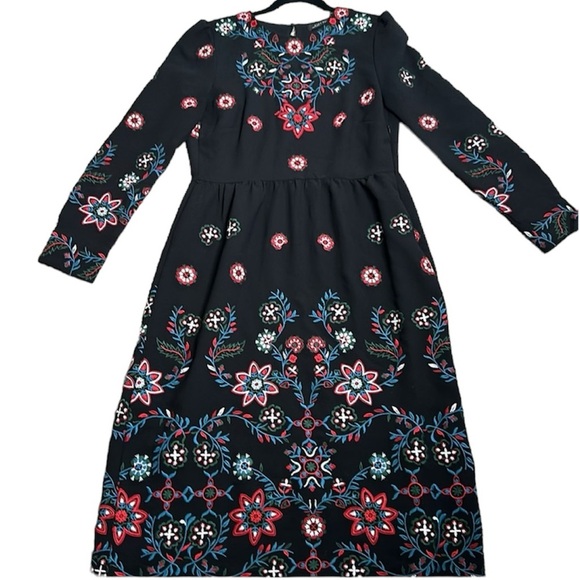 Zara Dresses & Skirts - Zara black embroidered multi color midi dress size large cottage core long sleev